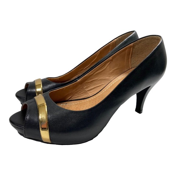 Manoli Heels Black Leather Peep Toe Platform Pumps Women's 6.5M Made in Brazil - Picture 2 of 8